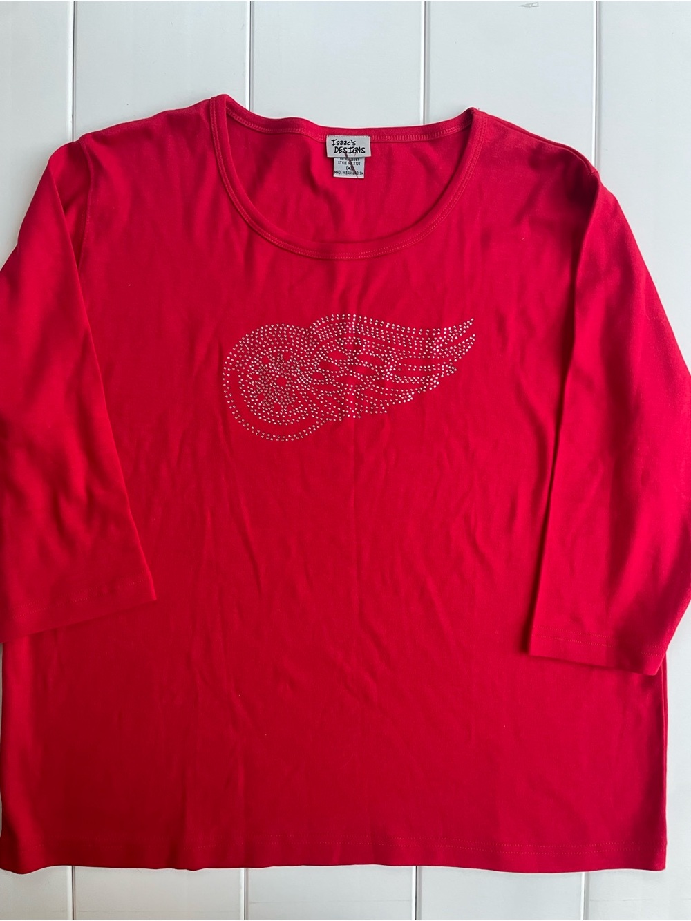 Isaac’s Design Detroit Red Wings Hockey 3/4 Sleeve Rhinestone Top, Size 1XL